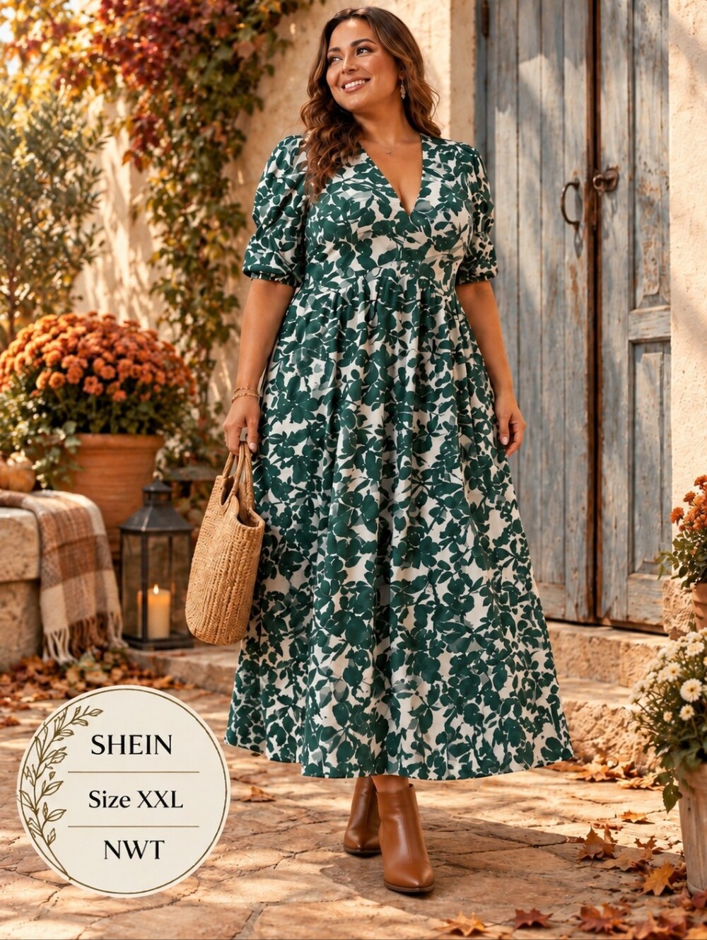 SHEIN Green and White Leaf-Print V-Neck Maxi Dress XXL NIB - Picture 1 of 8